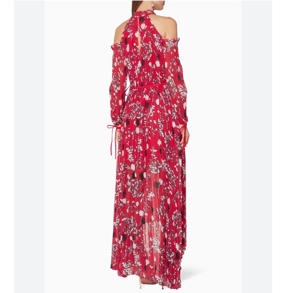 Self-Portrait Floral Chiffon Maxi Dress Red Cold Shoulder Pleated Hi-Low Size SM - Picture 4 of 16